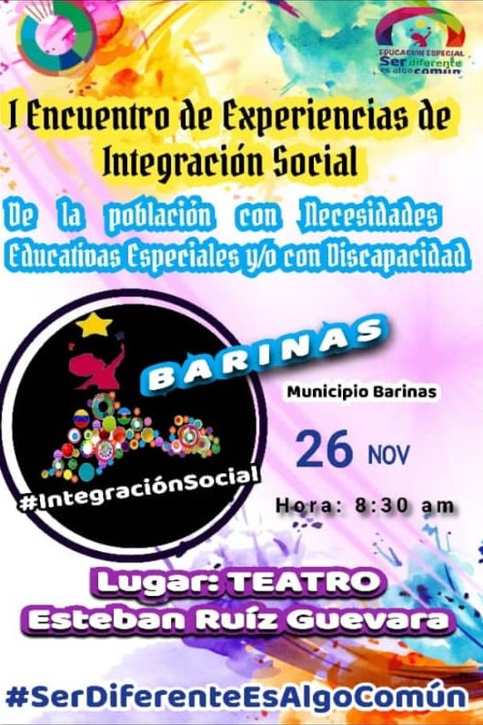 coordespzb2015's tweet photo. Barinas realizara el I Encuentro de Experiencias de Integración Social de la Población con Necesidades Educativas Especiales y/o con Discapacidad #integraciónSocial #SerDiferenteEsAlgoComún @especialmppe @psuvaristobulo @gtorodelara @MPPEDUCACION @MCazola @ZONAEDUBARINAS https://t.co/U6WbZxQYMQ
