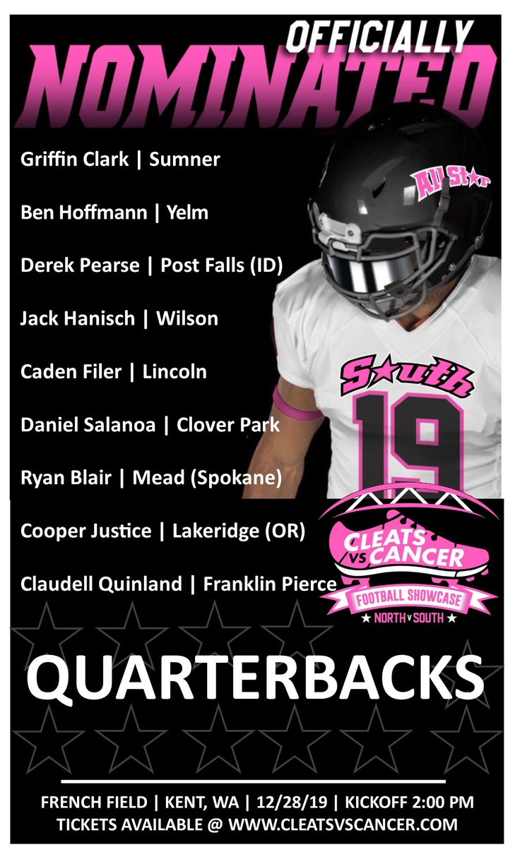 CleatsV's tweet image. Introducing this year's nominees at the QUARTERBACK position for the @CleatsV Cancer Football Showcase. The South team coaching staff will draft players on Nov.30th. Once the teams are picked, players will be notified and we will post the final game roster. #SeniorALLSTARS19