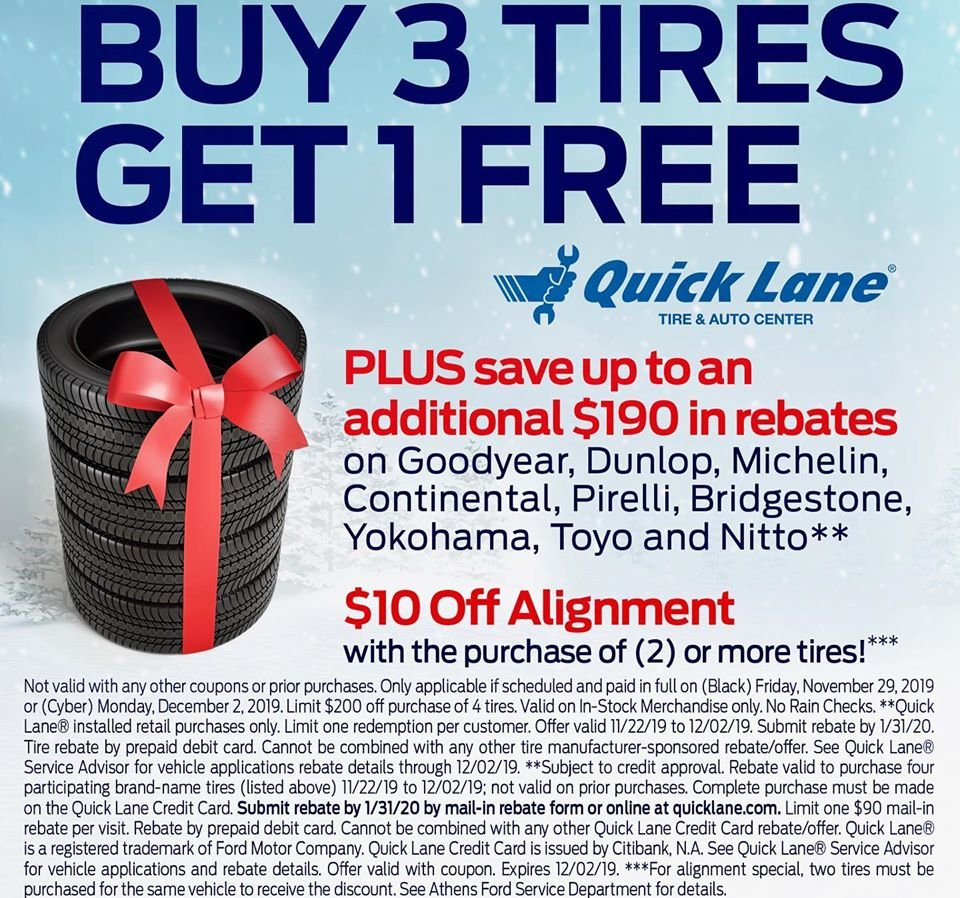 Deck the halls early with savings this year — buy 3 tires and get 1 free! This offer is only applicable if scheduled and paid in full on (Black) Friday, November 29, 2019 OR (Cyber) Monday, December 2, 2019. Make your appointment NOW and don’t miss out on these 🔥 savings.