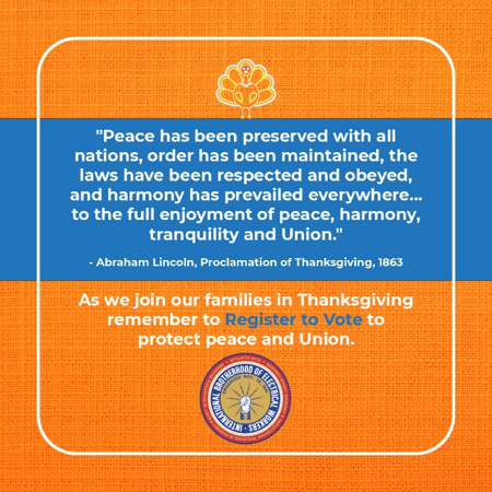 IBEW569's tweet photo. Thanksgiving is a result of remembering all that we have to be grateful for as Americans. Celebrate our rights and privileges and #RegisterToVote - or make sure your registration is up to date. https://t.co/rE2JnnogAW #IBEWorks #IBEWStrong #electric https://t.co/K8JiOAwsb5