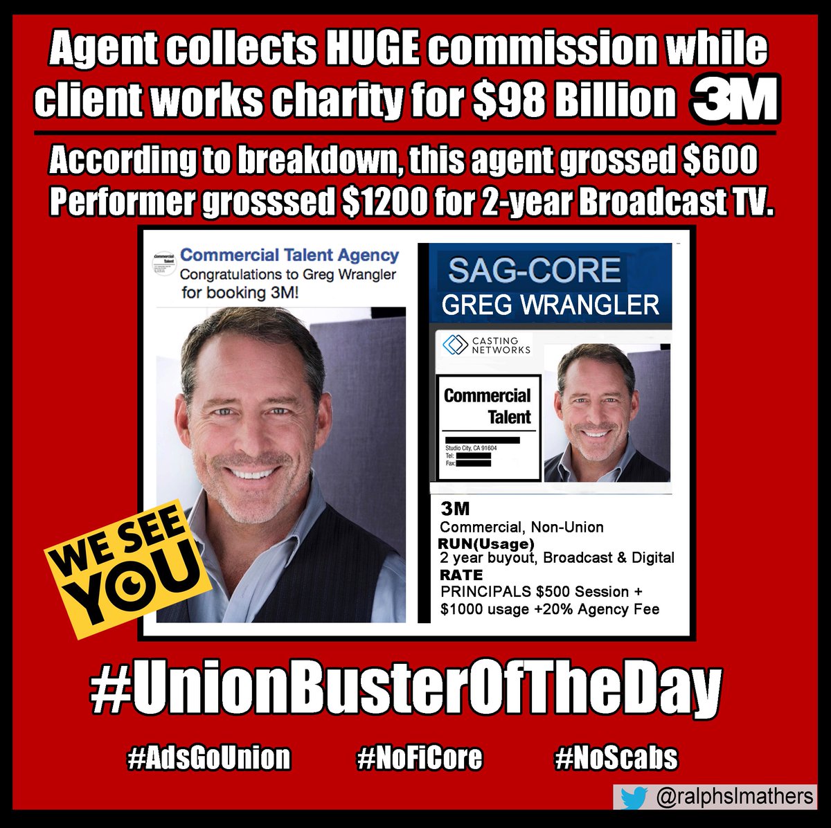 RalphsLMathers's tweet photo. Another #ScamTalentAgent s pushing #SAGAFTRA clients to go #FiCore/#OffTheCard &work NonUnion.Don't be fooled by their social media congratulating #scab "bookers" to groom you to leave your union &give them HUGE 40% commissions in NU. No money in NU 4U. #AdsGoUnion #40PercentScam https://t.co/SG7OHbExlO