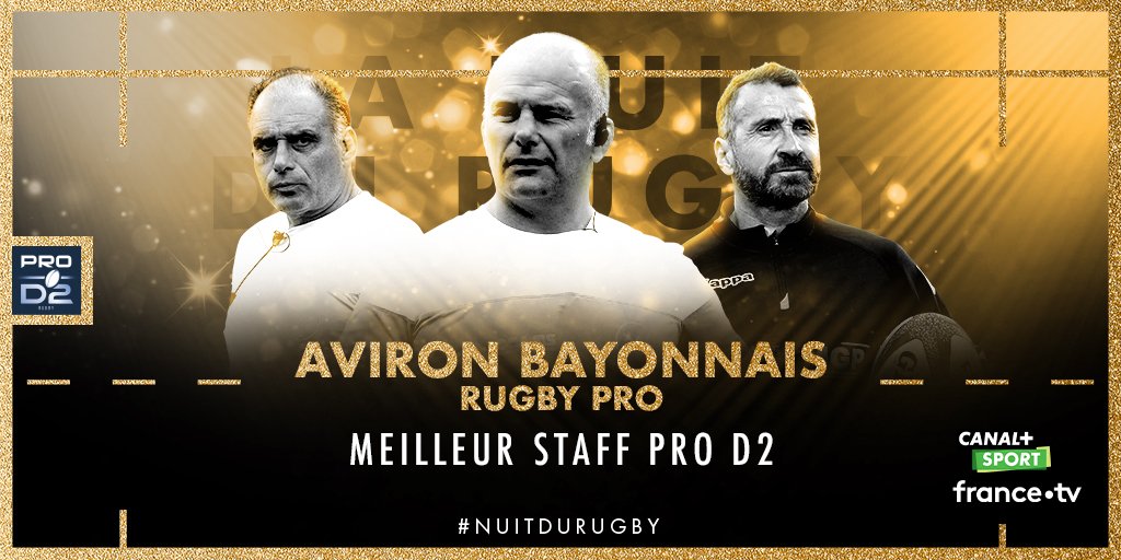 #NuitDuRugby 
Le prix du Meilleur Staff de <a href="/rugbyprod2/">Rugby PRO D2</a> de la saison 2018/2019 en association avec France Télévisions et Canal+ est remis par Arsène Wenger à…

► Aviron Bayonnais