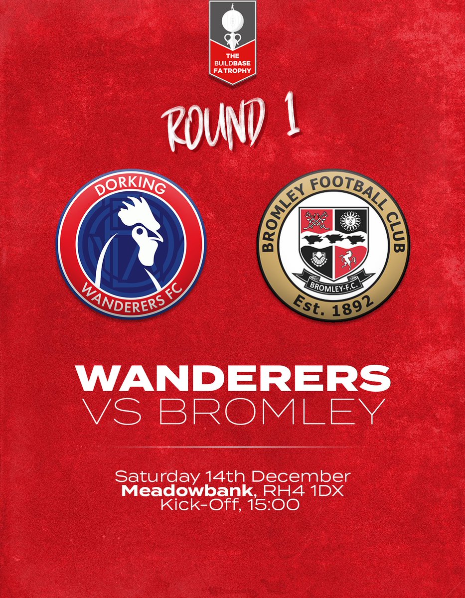 DorkingWDRS's tweet photo. FA TROPHY| 🏆 Dorking Wanderers have been drawn at home to Bromley in the FA Trophy 1st Round Proper!

Here's what you need to know 👇

📆 Saturday 14th December, 2019
🕒 Kick off 15:00 PM
🎟️ Ticket information will be released this Friday! 

#WeAreWanderers 🔴⚪ https://t.co/7DsAUEnQr5