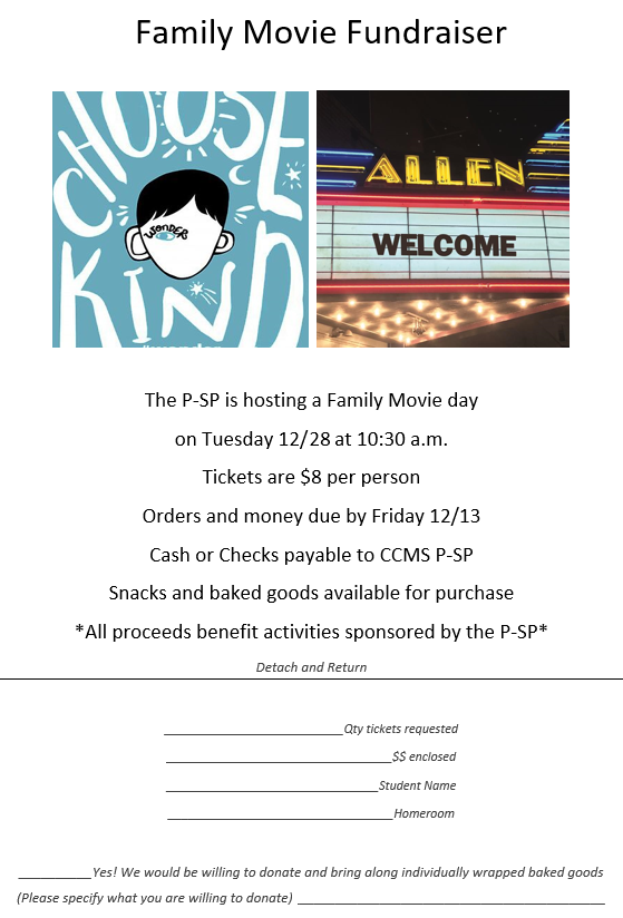 CCMS_PSP's tweet photo. Parents! Visit our table at Conferences to drop off fundraiser forms, order some gift cards and purchase your Wonder movie tickets! #CCMSdoesthefunstuff! @CCMSStudentLife https://t.co/Uan9P14M6O