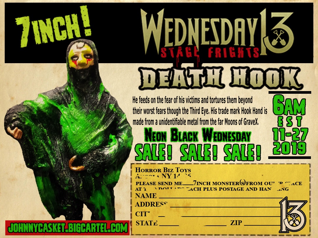 officialwed13's tweet image. The new W13  “Stage Frights” action figure “Death Hook” available this Wednesday from @horrorbiztoys. 

Only 100 available + figure package card autographed by Wednesday 13.