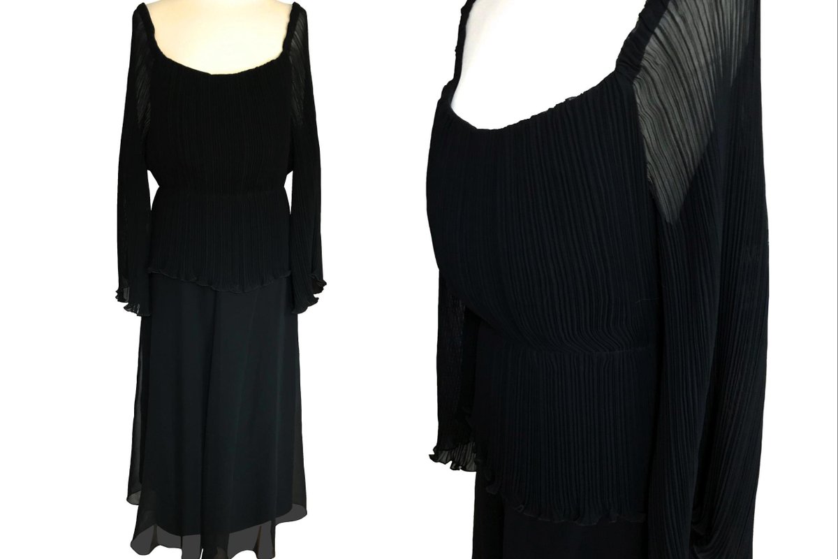 60s -70s Roter Couture Sheer Black Chiffon Ribbed Tiered Plisee Off the Shoulder Angel Sleeves Evening Cocktail Xmas Party Midi Dress LBD sz L etsy.me/2QSrtWu #lbd #blackxmasdress #blackchiffondress #blackpleateddress #chiffonplisseedress #blackeveningdress