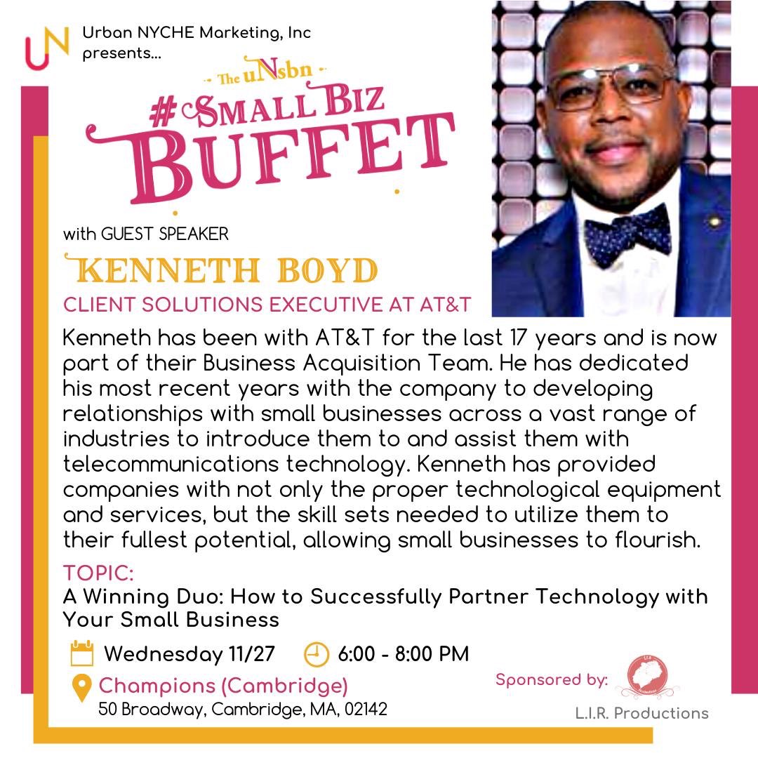 Kenneth Boyd will be guest speaking at this month's Small Biz Buffet, this Wednesday from 6:00pm-8:00pm. Don't miss this great opportunity to learn how to utilize technology to make your #smallbusiness more successful, all while enjoying free food and #networking! #SmallBusiness