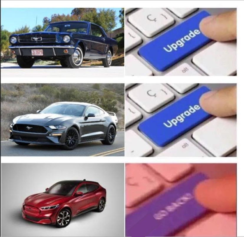 CARAutoReports's tweet photo. Don't know if going fully electric is worth the downgrade to the body but at least the memes are great. #CAR #mustang #EV #remodel #CompleteAutoReports https://t.co/bRdNtx4Ubq