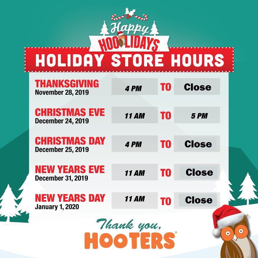 HootersFFX's tweet photo. Here are our holiday hours! Come by and see us! https://t.co/4cj1P2aIEP