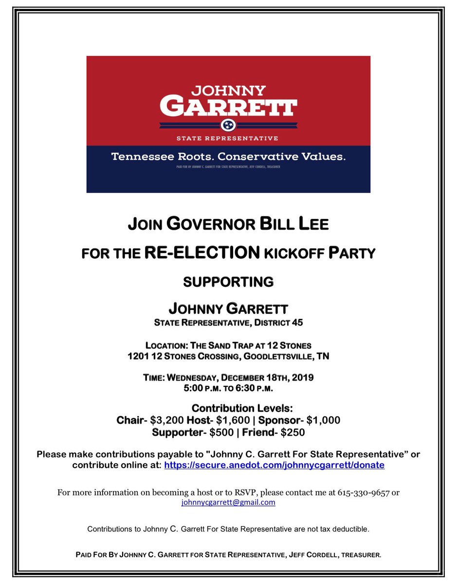 SumnerCountyGOP's tweet image. Sharing details for the re-election kickoff party for @JohnnyGarrett4, joined by our governor, @GovBillLee.
