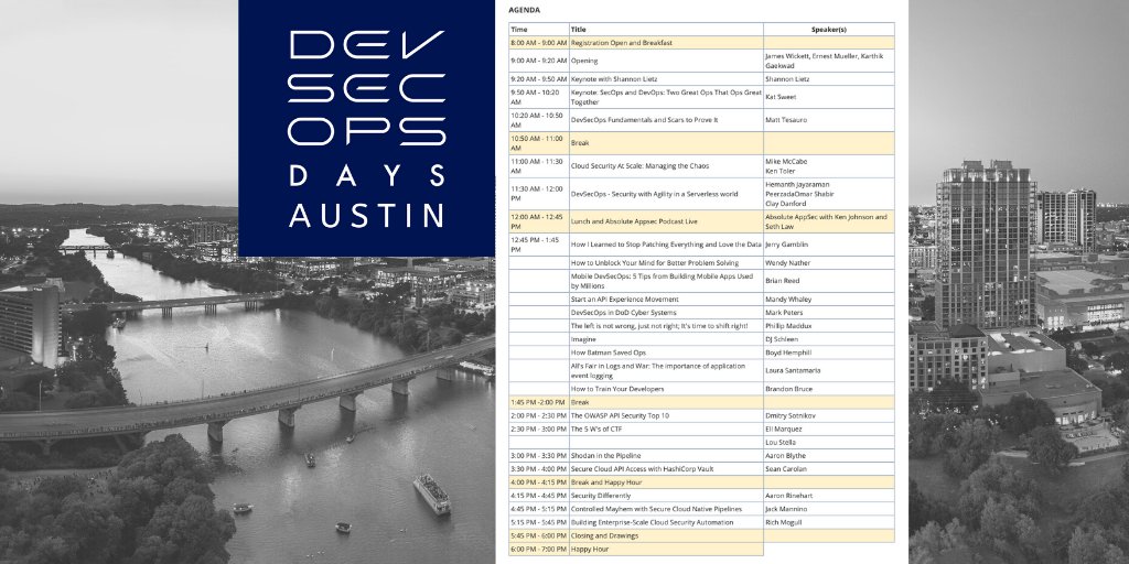 wickett's tweet image. The amazing lineup for #devsecopsdays #Austin

devsecopsdays.com/2019-devsecops…

@devsecops @TheSweetKat @matt_tesauro @mccabe615 @absoluteappsec @cktricky @JGamblin @wendynather @reed_on_the_run @mandywhaley @djschleen @behemphi @DSotnikov @Ell_o_Punk @ablythe @aaronrinehart @rmogull