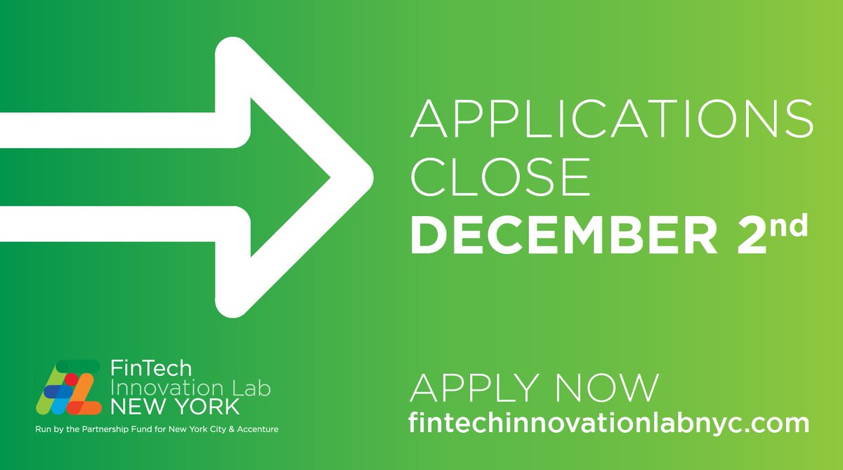 FinTechLab's tweet image. Apply for the 2020 #FinTechLabNYC class today. Applications close on December 2. bit.ly/2Bx3Gm0