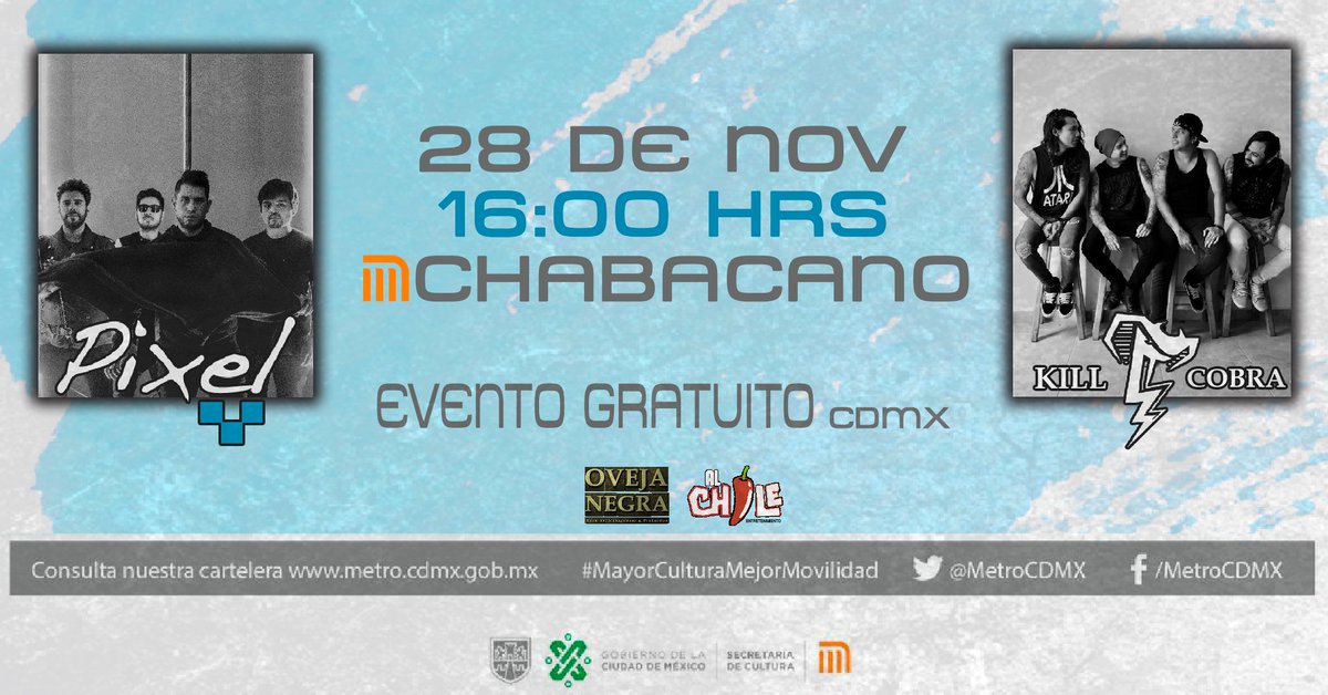 pixelrockmx's tweet photo. ¡¡Súbete al tren del rock!! ¡¡nos vemos el jueves en el metro Chabacano!! 🎸#Killcobra , #CDMX,#MetroCDMX #Mayorculturamejormovilidad https://t.co/qDRpNJ1eJA