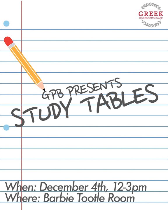 We know you spent this past weekend getting athletic. Now it’s time to get scholastic. Come out on December 4th to study and socialize with the rest of the Greek community!