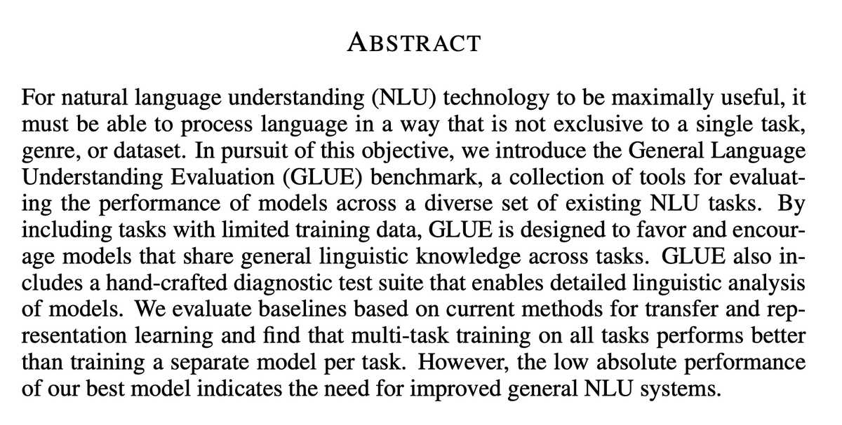 4/ In language understanding, neural nets did well in single tasks such as WikiQA, TREC, and SQuAD but it wasn’t clear they could master a range of tasks like humans. Thus GLUE was created—a set of 9 diverse language tasks that hopefully would keep researchers busy for years.