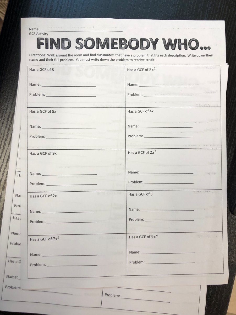 “Find Somebody Who...” to practice finding the GCF — basically a worksheet cut up and taped onto foreheads 🥳🥳🥳 I happily taped 4 to my face and students just loved the awkwardness of having to stand face to face for 5 minutes 😄 #mtbos #iteachmath