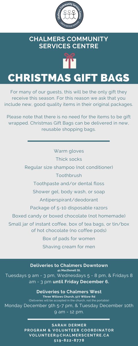 ChalmersCentre's tweet photo. Share/retweet if you plan on donating a #Christmas bag this season! Only 2 weeks left to drop off!
#CCSCdonations https://t.co/d34LBBK8CG
