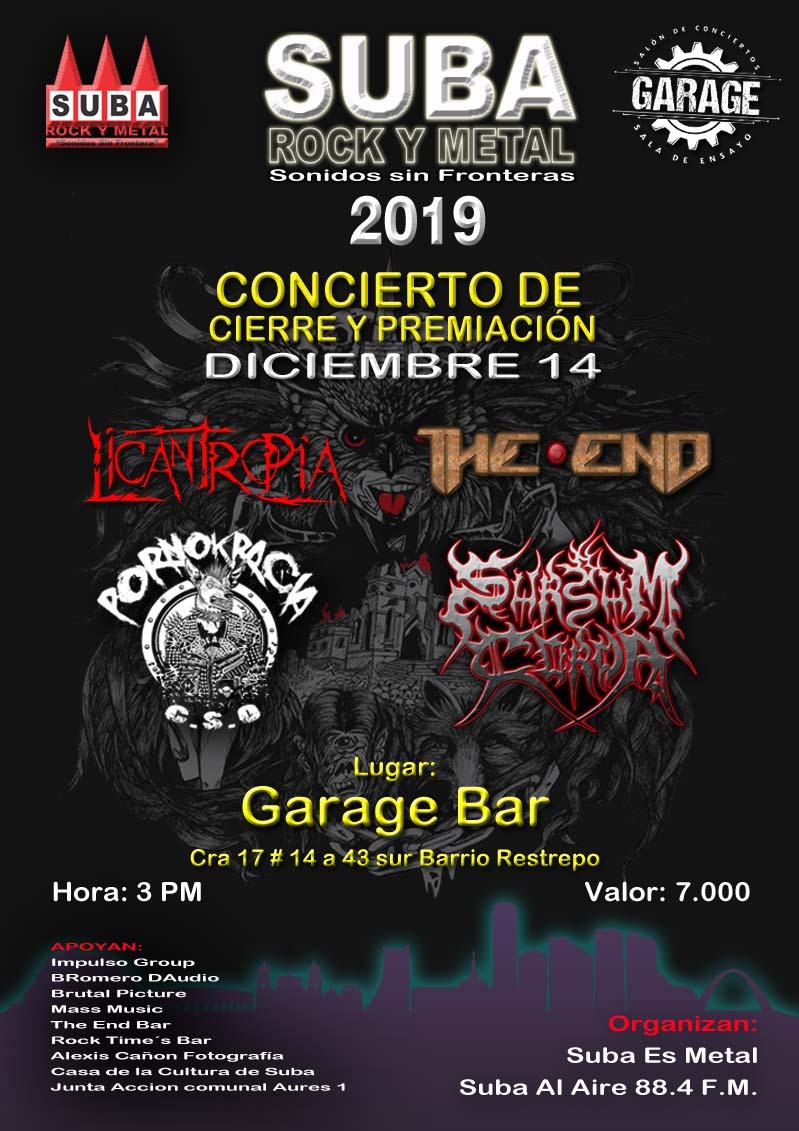 La invitación es este 14 de diciembre al cierre del festival Suba rock y metal 2019 se estarán presentando las bandas ganadoras y haciendo honor a nuestro eslogan #sonidossinfrontera este año se hara en Garage bar en el restrepo los esperamos