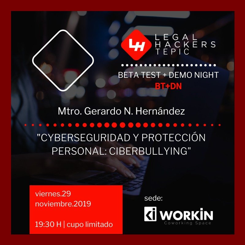 Legal Hackers Tepic presenta a su tercer panelista:

Mtro. Gerardo Hernández Ortíz
Ing. en Sistemas Computacionales en Programación.
Lic. en Derecho.
Mtro. en Administración.
Mtro. en Educación y Tecnología.

"Ciberseguridad y protección personal: Ciberbullying".

#LegalHackers