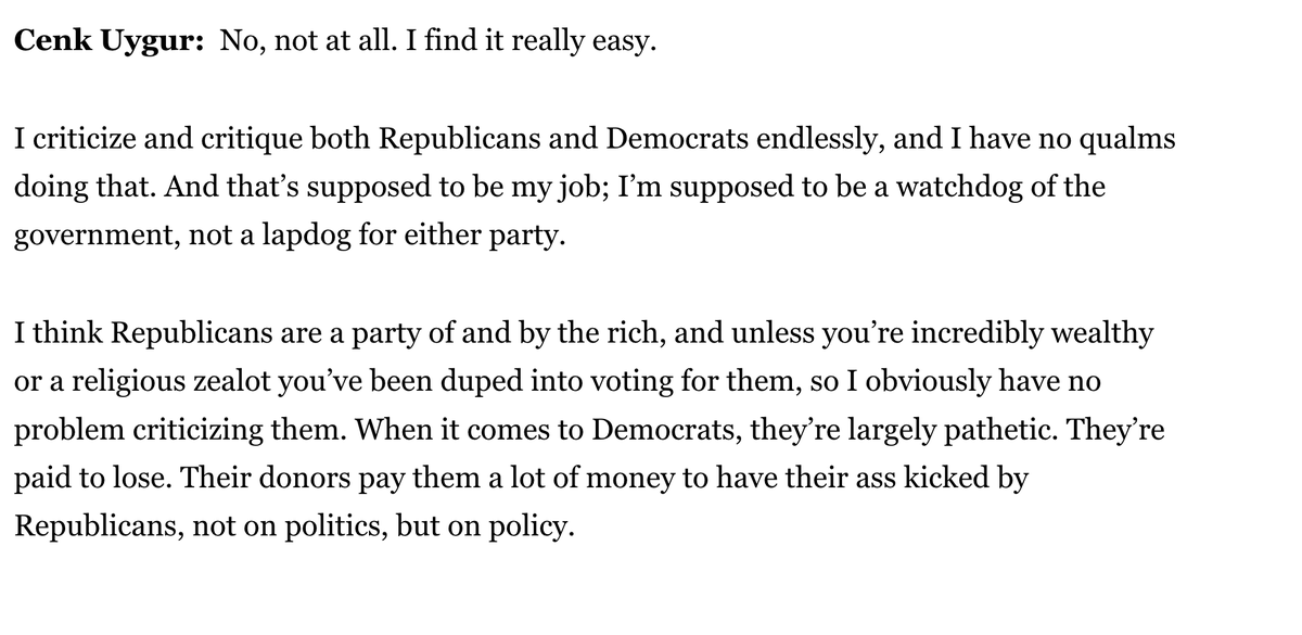  #Cenk2020 quote from 2014: "When it comes to Democrats, they’re largely pathetic. They’re paid to lose. Their donors pay them a lot of money to have their ass kicked by Republicans, not on politics, but on policy." #CA25  #NotADem
