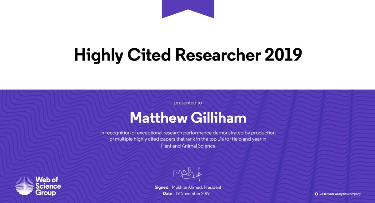 Many thanks to my fabulous @UniofAdelaide @waiteresearch @PlantEnergyBiol @asps_ozplants  students and postdocs, and my brilliant collaborators - our efforts have been acknowledged by Web of Science #HighlyCitedResearchers