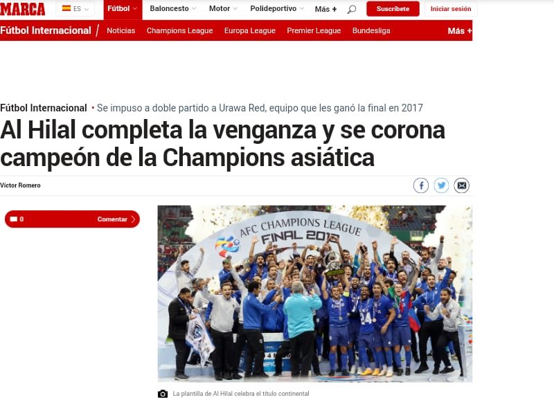 🔴 الماركا الاسبانية :
الهلال يكسر هيمنة الشرق ويعيد التاج الآسيوي إلى المنطقة العربية، الهلال يكمل الثأر ويتوج بطلاً لدوري الأبطال 🏆