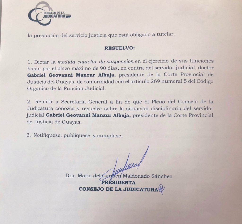 MdcMaldonado's tweet photo. Ante los hechos de conocimiento público relacionados con el Dr. Gabriel Manzur, presidente de la Corte Provincial de Guayas, he dictado la medida cautelar de suspensión, pues las acciones configuran una situación grave y urgente que amerita esta medida.  #JudicaturaConManoDura https://t.co/GUPQ1vTHpu