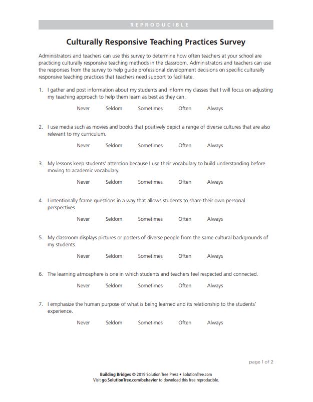 SolutionTree's tweet image. Administrators and teachers can use this survey to determine how often teachers at your school are practicing culturally responsive teaching methods in the classroom. @BestPathway #Edchat #Teaching bit.ly/2YY0b1w