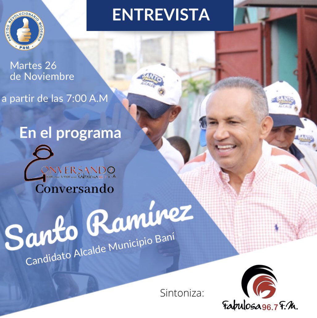 SantoAlcaldeRD's tweet photo. Les invito a SINTONIZAR mañana a partir de las 7:00 AM mi participación como invitado en el programa radial Conversando que se transmite por la emisora Fabulosa 96.7 FM, donde expondré algunas de las propuestas del cambio que anhela mi municipio Baní.
#SantoEnConversando https://t.co/7ClywRjBKK