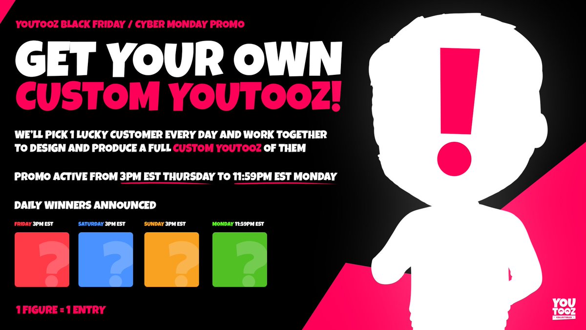 for BFCM we’re giving 4 lucky people a custom youtooz (69k RT not required). info below 👇