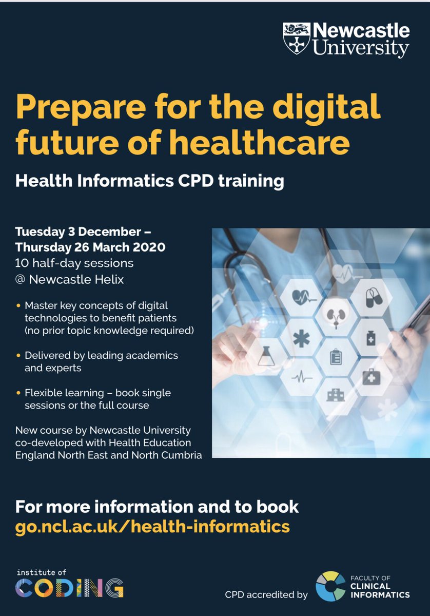 #HealthInformatics #CPD sessions at @ Newcastle Uni specifically for #Clinicians 👏🏾👏🏾👏🏾

ncl.ac.uk/computing/work…

#ClinicalInformatics #DigitalNHS