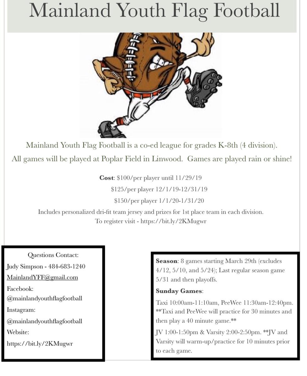 JudyDSim's tweet photo. I’m thrilled to announce that I’m coordinating the Mainland Youth Flag Football League for the city of Linwood.  Looking forward to an amazing 2020 Spring season.  Catch the early bird pricing! Please retweet! 
#flagfootball @EHTNJSchools @SeaviewES @MainlandCurrent @EHTCurrent https://t.co/M0vqYIfcNs