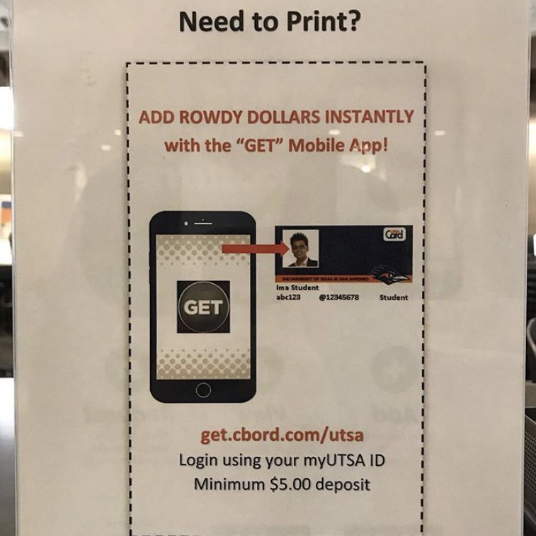 UTSALibraryPC's tweet photo. Here’s a quick reminder that you can add funds to your UTSA ID for printing 🖨 You can use the Value Station located to the right of the Info Desk or add money electronically through the GET app 📲 Ask blue crew how to use the devices if you have any questions! 🤔 #jpl #bluecrew https://t.co/RQKCasUGnA