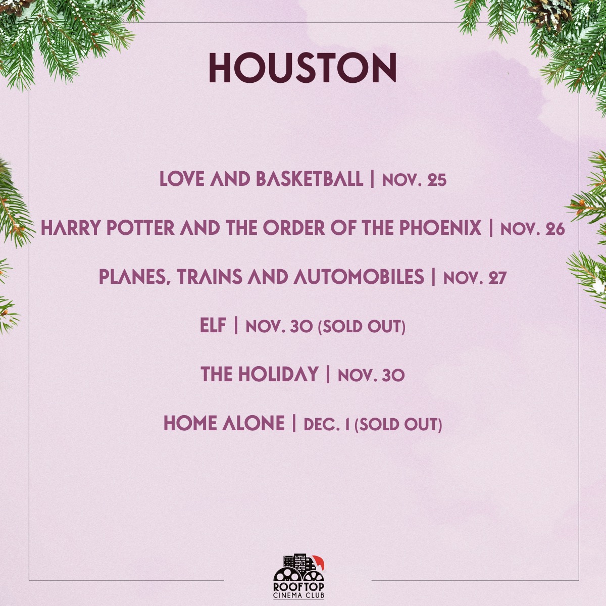 RooftopCinema's tweet image. Frolicking into the short week like...💁‍♀️ Swipe to see the movie lineup for our LA, Houston and San Diego rooftops this week, including a #RooftopRomance favorite, The Holiday! Book now at rooftopcinemaclub.com