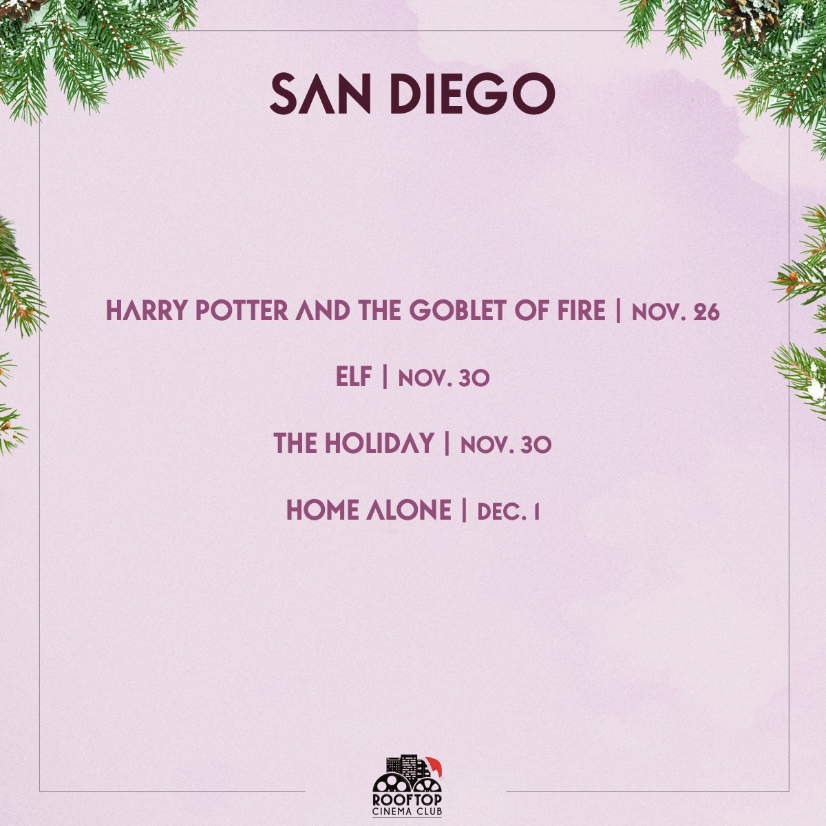 RooftopCinema's tweet image. Frolicking into the short week like...💁‍♀️ Swipe to see the movie lineup for our LA, Houston and San Diego rooftops this week, including a #RooftopRomance favorite, The Holiday! Book now at rooftopcinemaclub.com