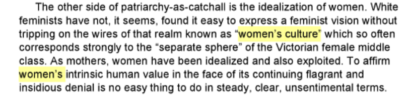 One key indication of this is that "women's culture" as a phrase almost always refers to Victorian English sensibilities, as Adrienne Rich outright confesses despite ironically embracing for much of her career, manipulating sexual dimorphism into cultural dimorphism.