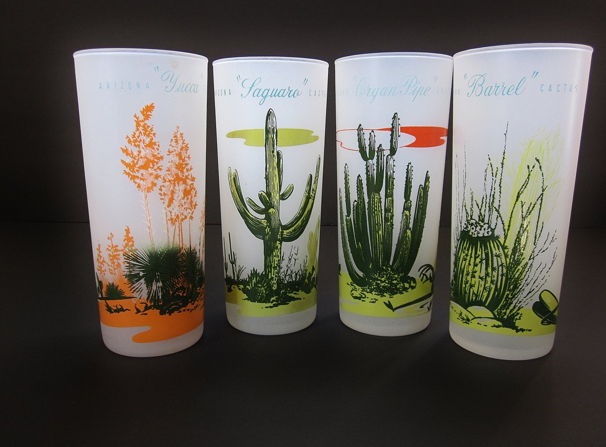 Arizona Cactus Glass Set 1960's Blakely Gas Station Promotion Collectible Tall Frosted Glass Tumblers  Drinks Cocktails Ice Tea Soda etsy.me/35A6Wdn #housewares #glass #arizonaglasses #cactusglasses #cactusglassset #1960sglassware #blakelyglasses #talltumblers