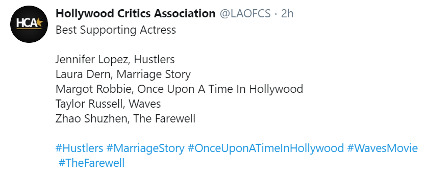 FYC_Oscar's tweet photo. #HollywoodCriticsAssociation
Los nominados a #MejorActrizSecundaria
Jennifer Lopez #Hustlers
Laura Dern #MarriageStory
Margot Robbie #OnceUponATimeInHollywood 
Taylor Russell #Waves
Zhao Shuzhen #TheFarewell

#HCA #LAOFCS #FYC #Oscars https://t.co/oZueQTfT0Q
