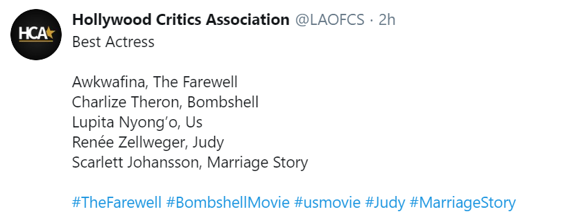 FYC_Oscar's tweet photo. #HollywoodCriticsAssociation
Los nominados a #MejorActriz
Awkwafina #TheFarewell
Charlize Theron #Bombshell
Lupita Nyong’o #Us
Renée Zellweger #Judy
Scarlett Johansson #MarriageStory

#HCA #LAOFCS #FYC #Oscars https://t.co/dNRiOWSgA4