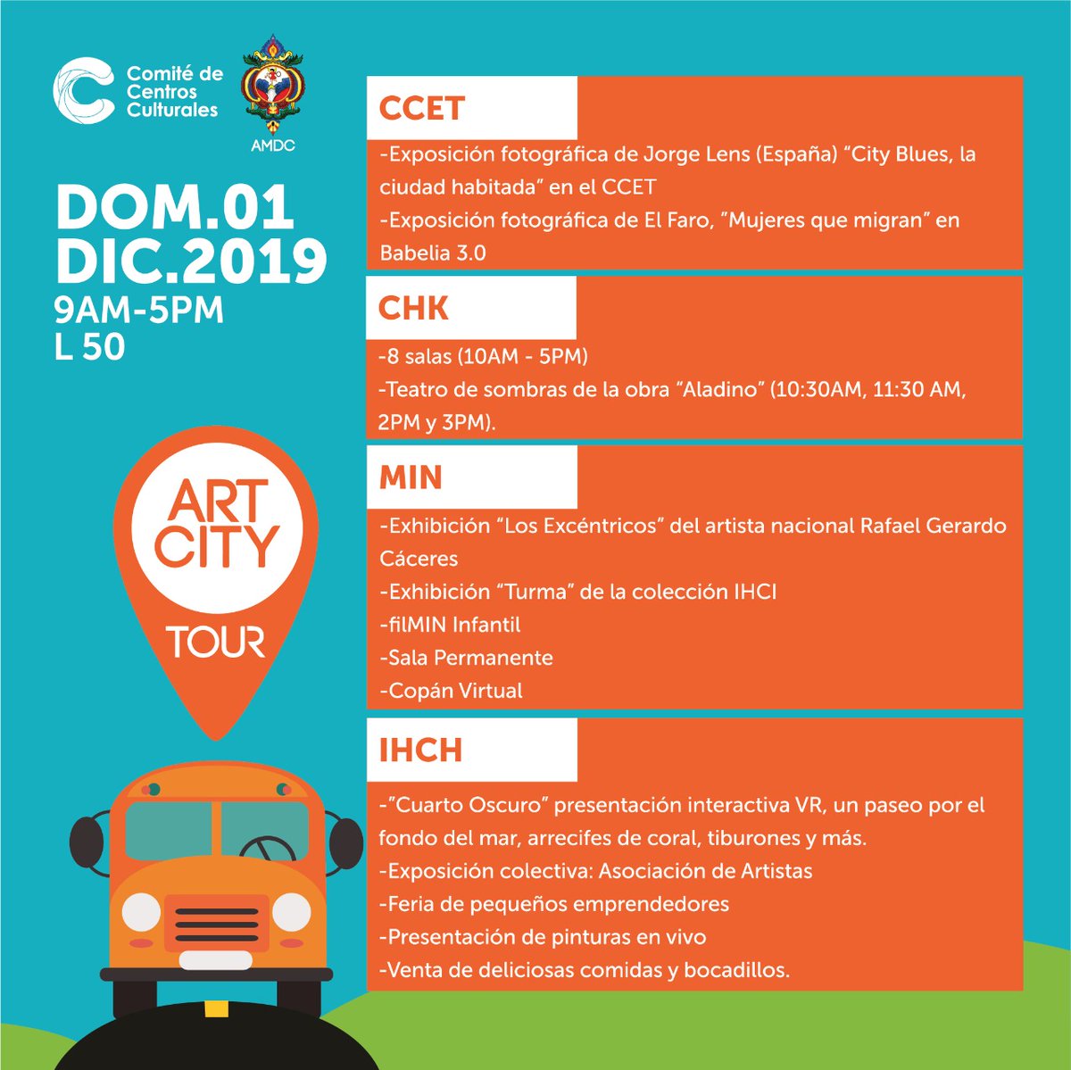 CCCTeg's tweet image. #CCCHN #ComiteCentrosCulturales #ArtCityTour no es un tour convencional, no solo te subís a un bus. Los buses rotan cada 20 minutos por cada centro cultural, así que de vos depende cuándo empezás el tour y cuánto dura tu propio tour reserva la fecha para este 1 de Diciembre