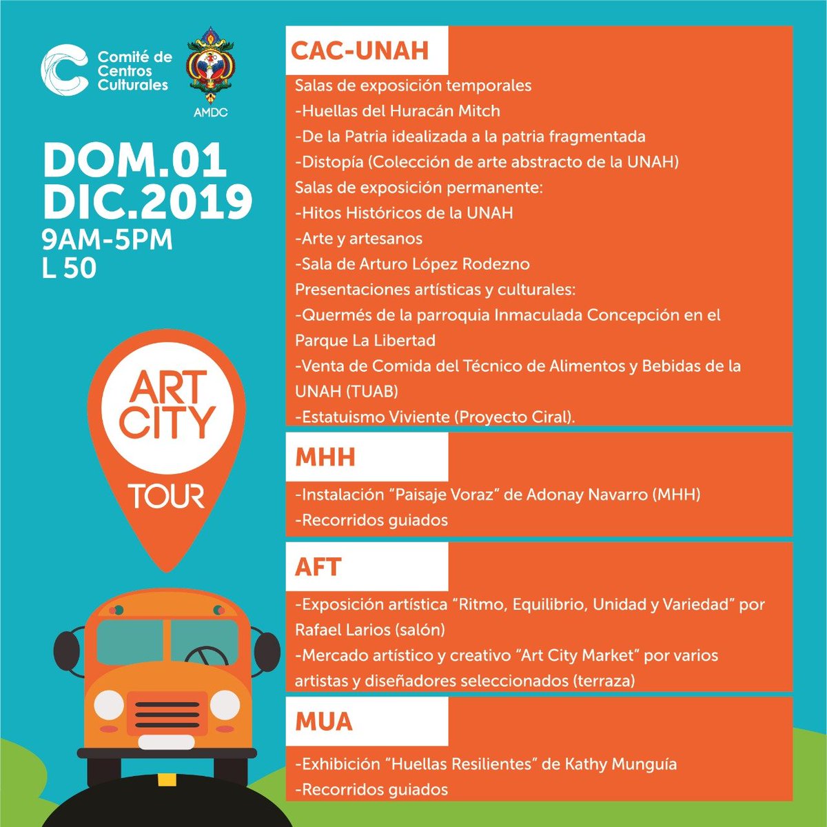 CCCTeg's tweet image. #CCCHN #ComiteCentrosCulturales #ArtCityTour no es un tour convencional, no solo te subís a un bus. Los buses rotan cada 20 minutos por cada centro cultural, así que de vos depende cuándo empezás el tour y cuánto dura tu propio tour reserva la fecha para este 1 de Diciembre
