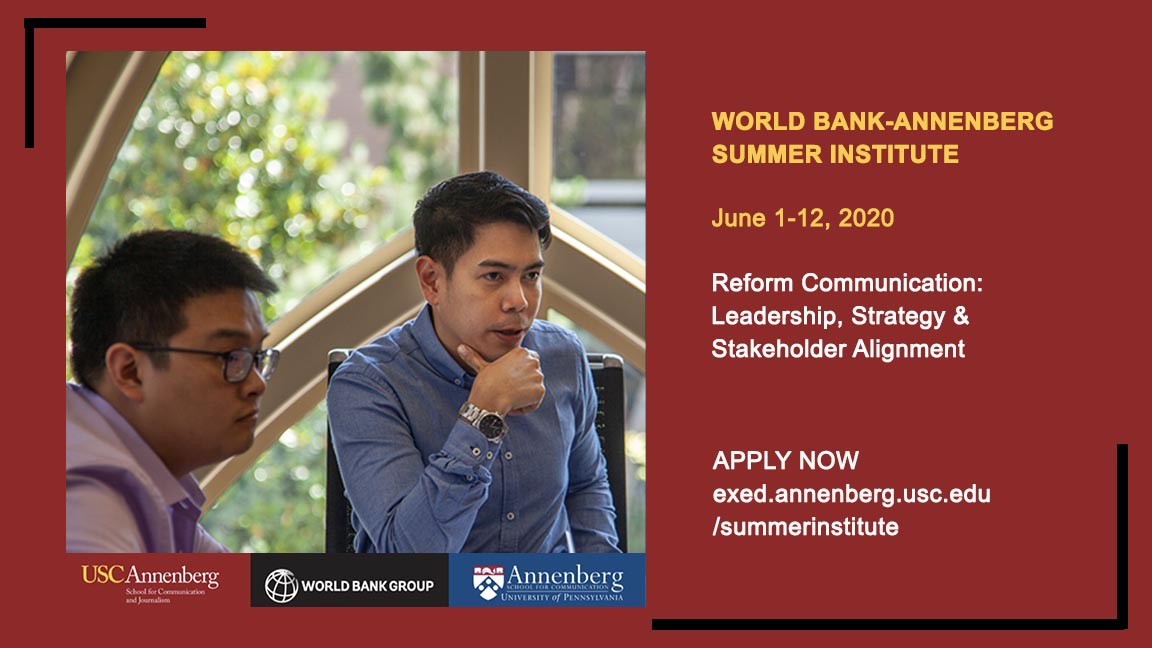 Learn how to build a communication campaign that can change the world.  Apply now for the World Bank-Annenberg Summer Institute at USC.bit.ly/2Qae5wA <a href="/USCAnnenberg/">USC Annenberg</a> <a href="/WorldBankWater/">World Bank Water</a> #development
