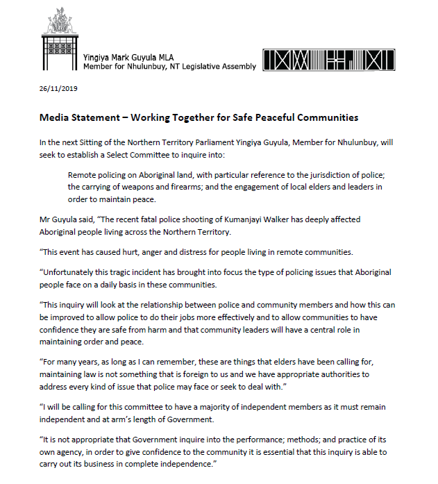Arnhem Land independent Yingiya Guyula on his call for a parliamentary inquiry into remote policing in the NT, after the fatal shooting of Kumanjayi Walker in Yuendumu. Wants a select committee of majority independents to do the inquiry, not a government committee. #ntpol