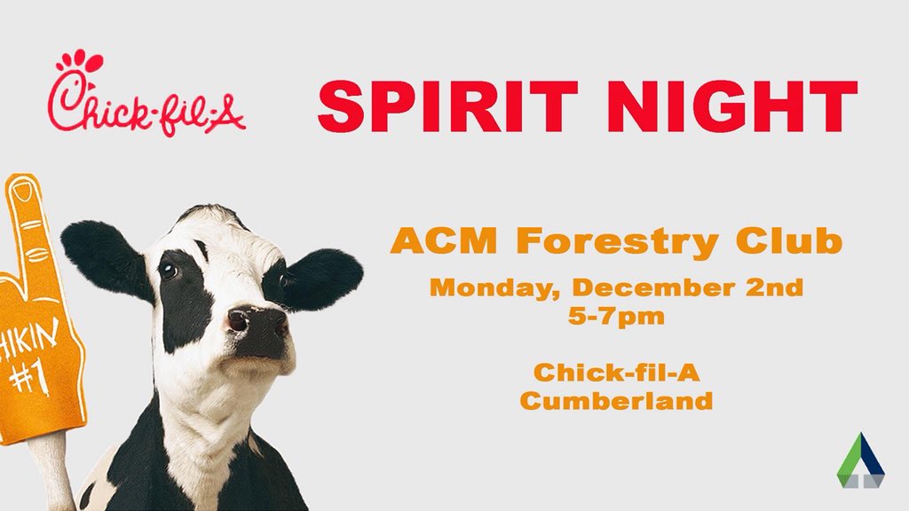 alleganycollgmd's tweet photo. Stop by and pick up dinner at the Queen City Center Chick-fil-A for the ACM Forestry Club spirit night on Monday, December 2nd, between 5-7pm.
#alleganycollegeofmaryland #forestry #foresttechnology #forestryclub #spiritnight https://t.co/xorl9qRLJ3