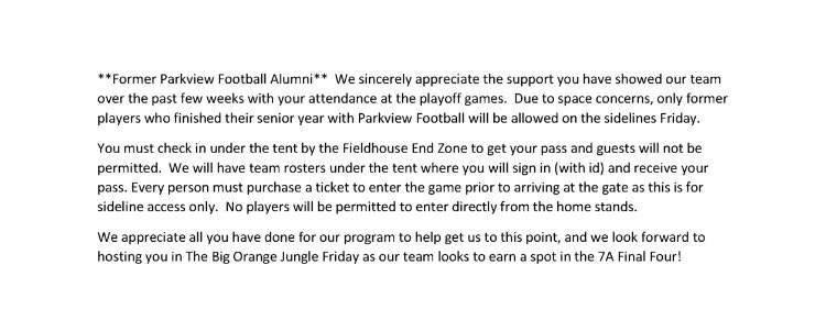 ParkviewFB's tweet photo. All Parkview Football Alumni attending the game Friday please read and share. We'd love for you guys to be there with us Friday! https://t.co/D5v0e958Bh