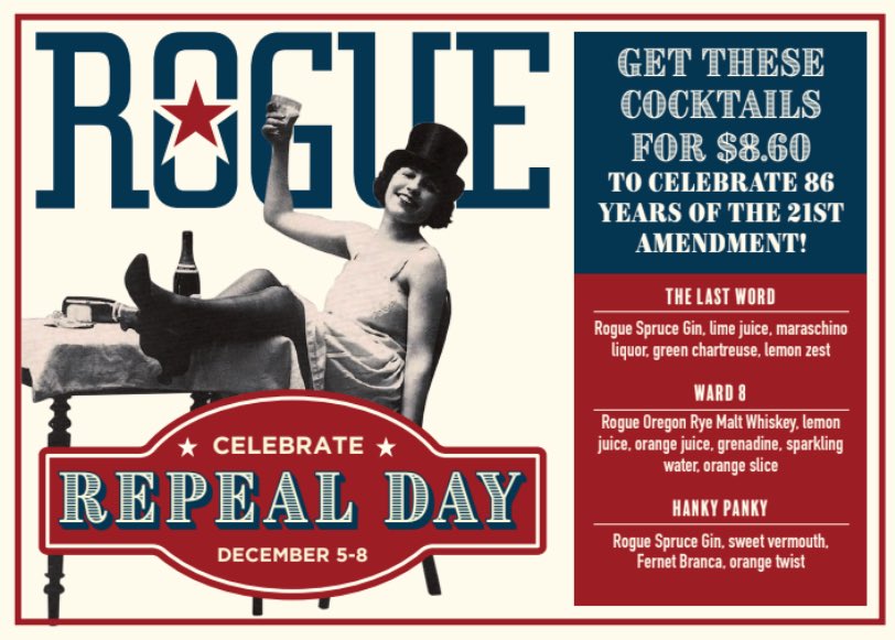 What we’ll be doing after Thanksgiving. Join us at our Pearl Public House and Eastside Pub on Dec 5 and celebrate our right to great spirits and cocktails. <a href="/RogueAles/">Rogue Ales & Spirits</a> #repealday #CraftCocktails