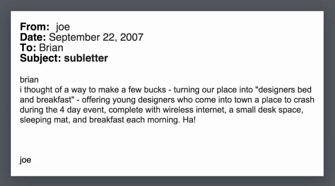 JonErlichman's tweet photo. An email in 2007 led to the creation of Airbnb https://t.co/qOM0hr9y4Z