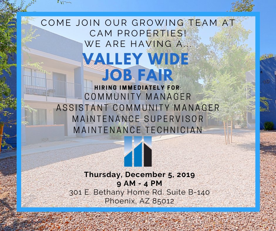 ManagedByCAM's tweet photo. Are you or is someone you know looking for a new career? Join us next Thursday, December 5th for our Job Fair! https://t.co/n5L65nqM7m