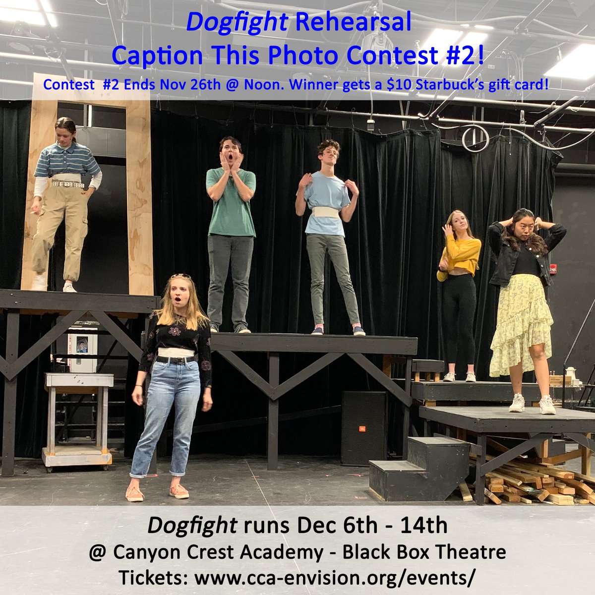 CCATheatre's tweet photo. Time to caption another photo from Dogfight rehearsal! Post your caption below. Winner will be chosen from posts on Facebook, Instagram, and Twitter. Contest ends at Noon tomorrow Nov 26th! #dogfightmusical #highschooltheatre #whataretheydoing @CCARaven https://t.co/DPbZTtiZGL