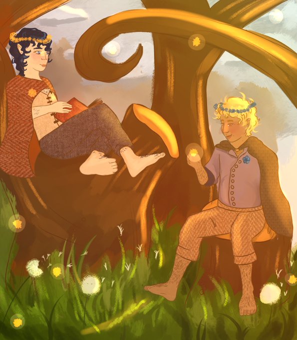 Sam and Frodo sitting together in the forest.